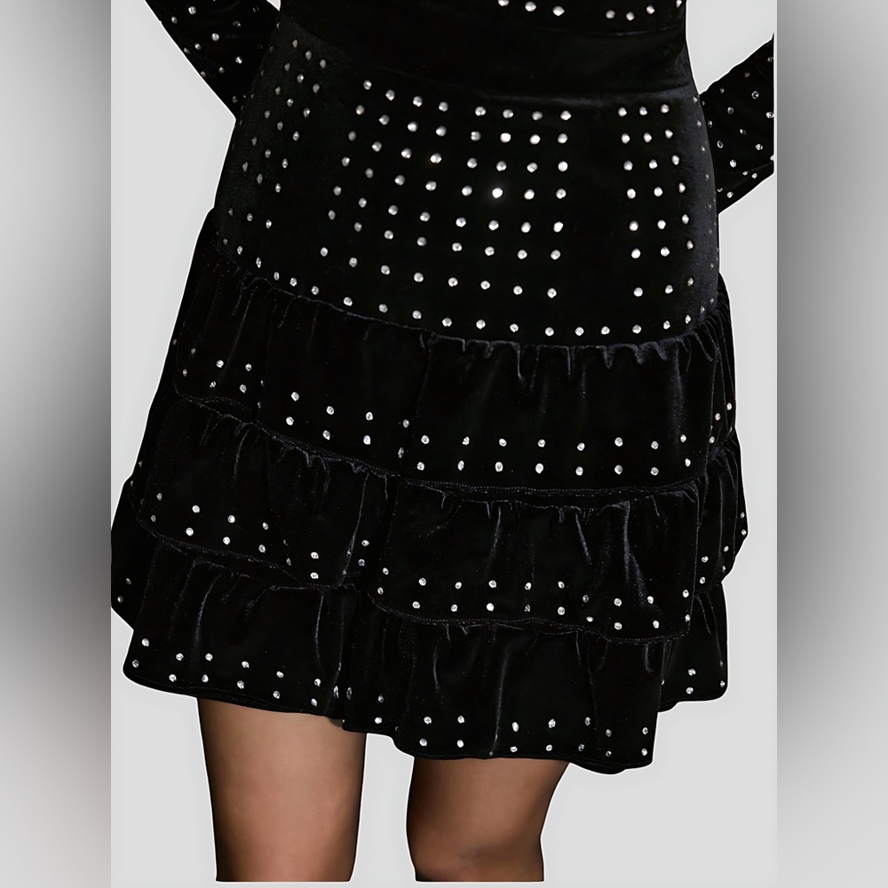 Velvet And Rhinestone Ruffle Hem Mini Dress Black - Picture 6 of 9